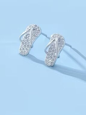 Super Cute Little Silver Tone Shiny Flip Flop Stud Earrings